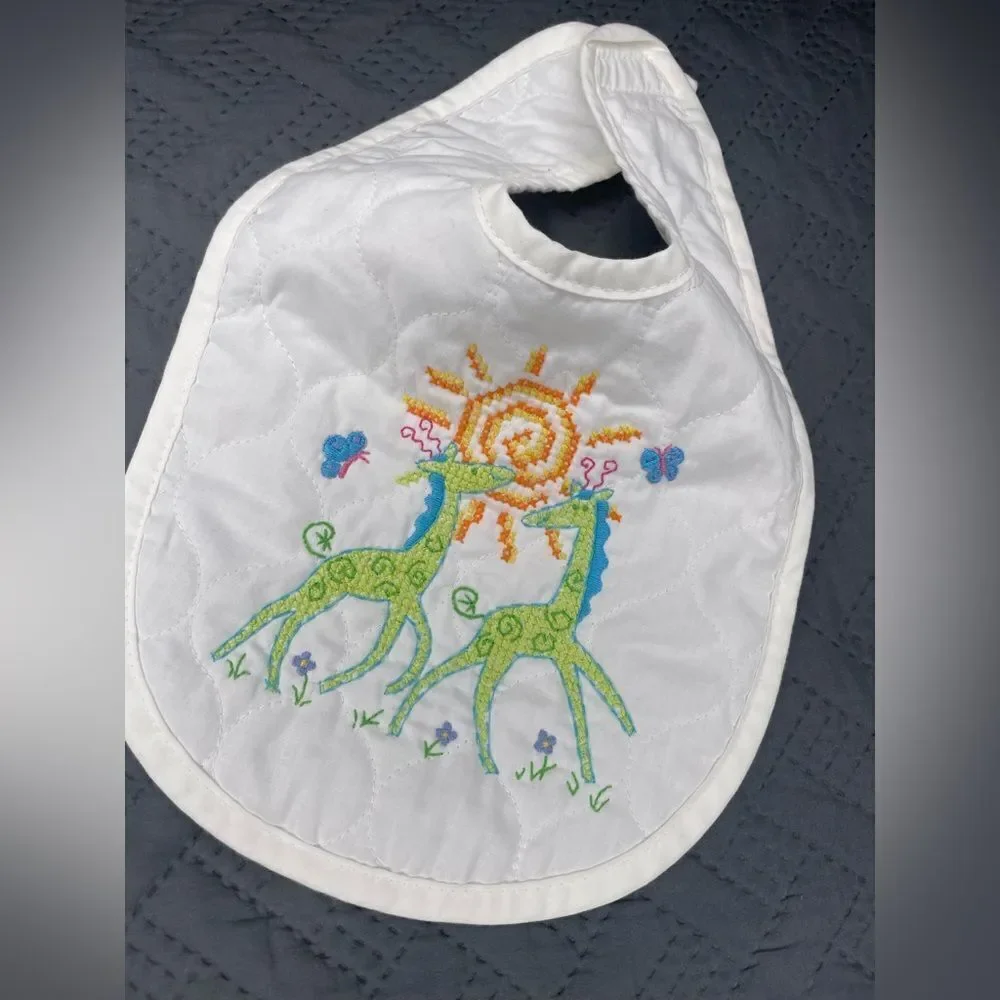 White Baby Bib Set with Embroidered Elephants and Giraffes